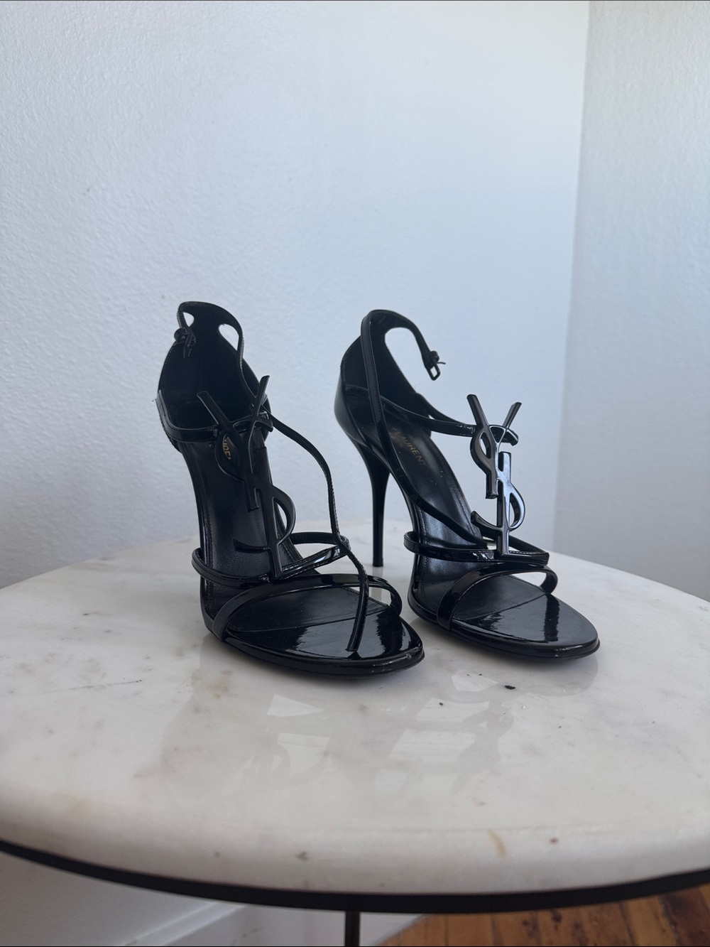Saint Laurent Black Patent Leather Logo Strap High-Heel Sandals